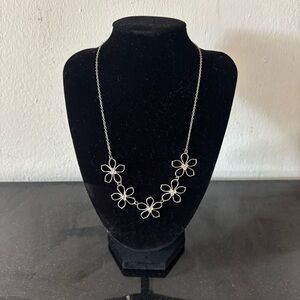 Floral Necklace Silver Toned With Rhinestones Adjustable Chain